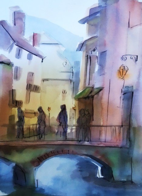 watercolor on paper - annecy - france -  happiness